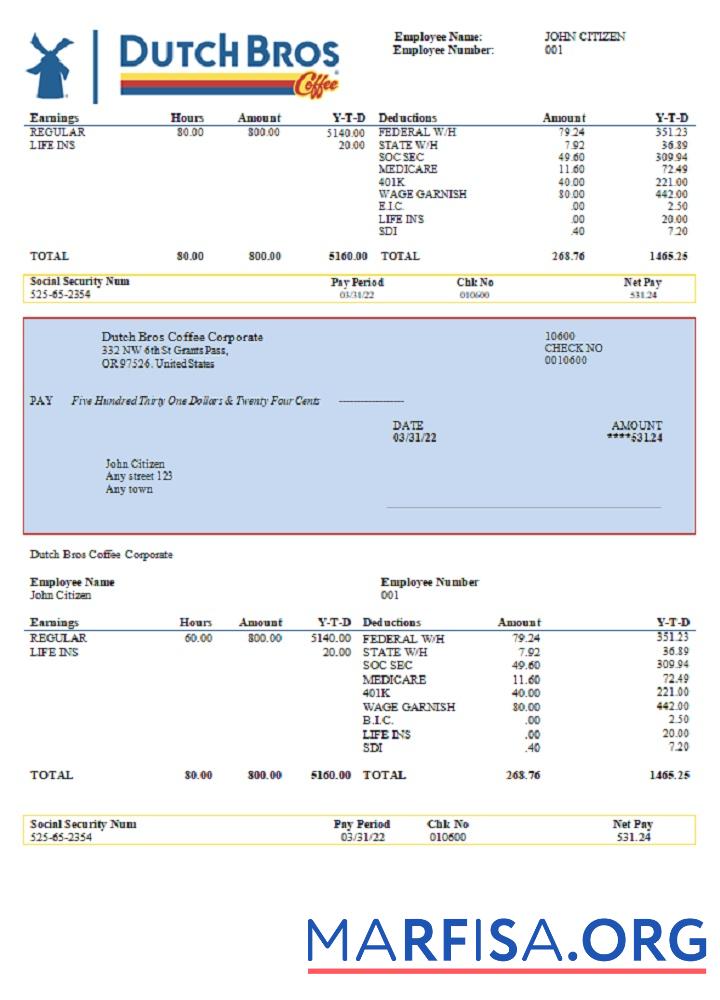 Printable USA Dutch Bros Coffee Corporate coffeehouse company pay stub example